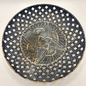 Vintage Etched Brass Bowl Black Enameled Pierced as Lattice Decorative Dish 7"